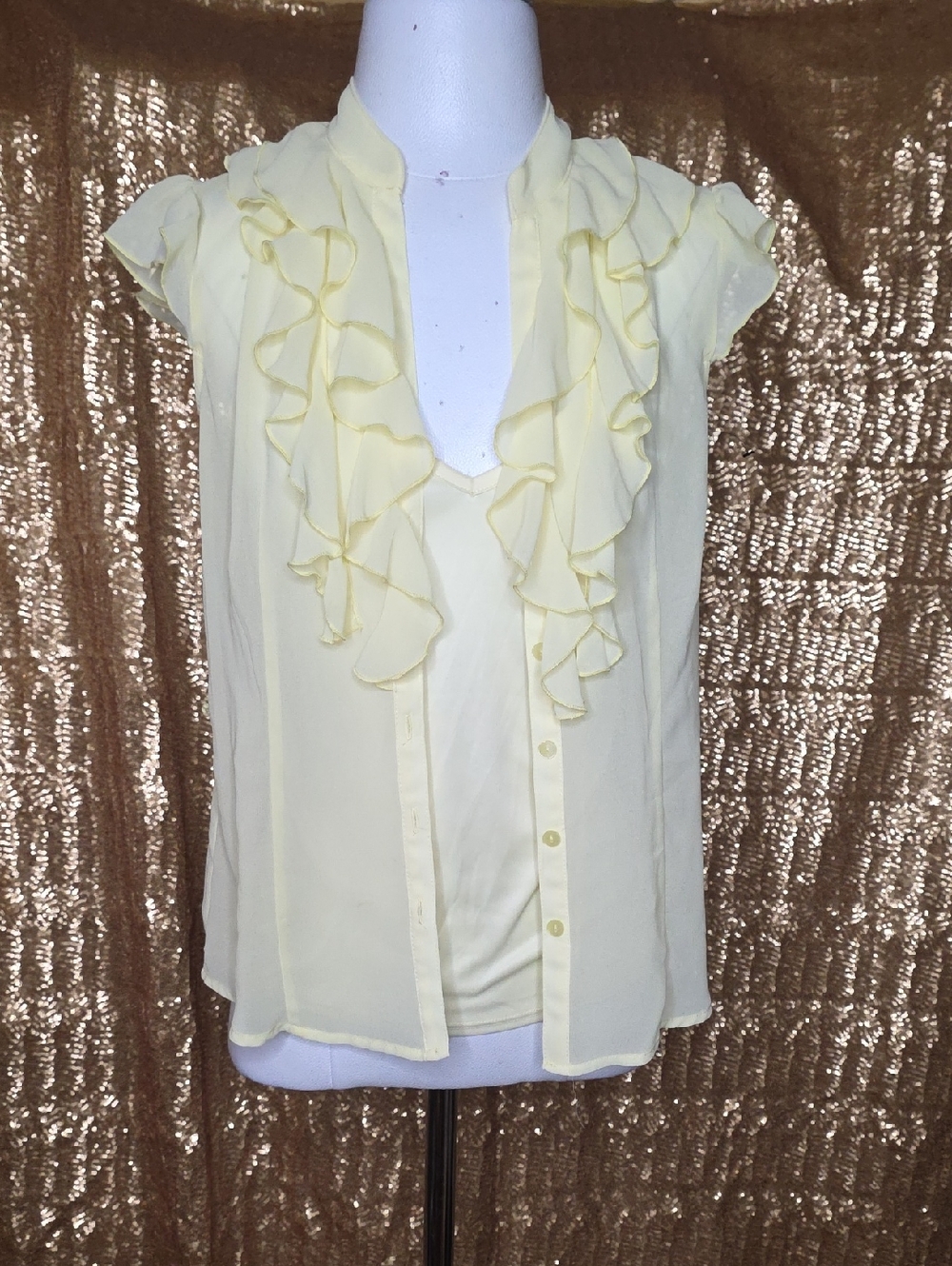 BCX Pale Yellow Ruffle Front Blouse